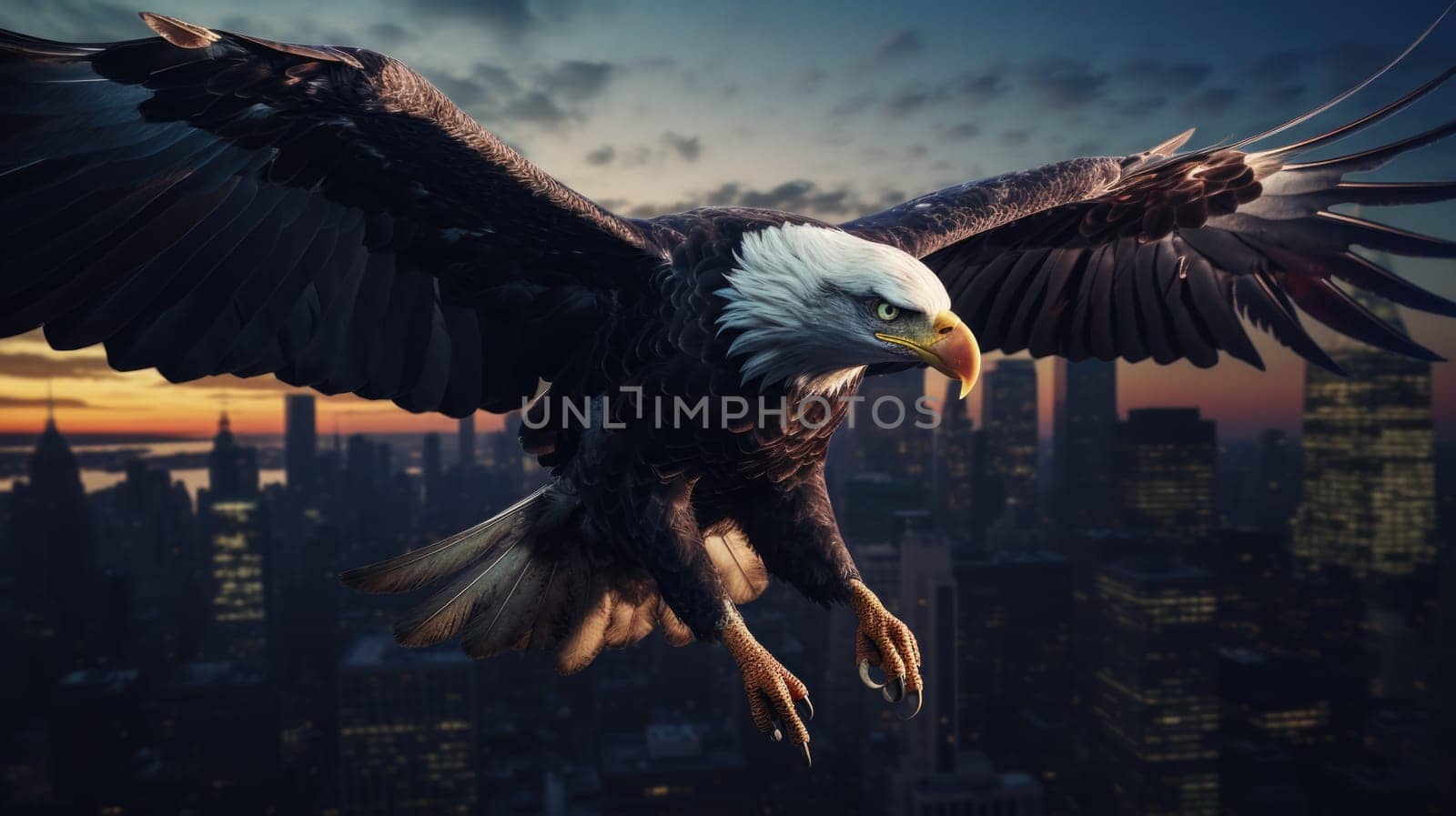 A bald eagle soars over city buildings. The bald eagle is the national symbol of the United States.