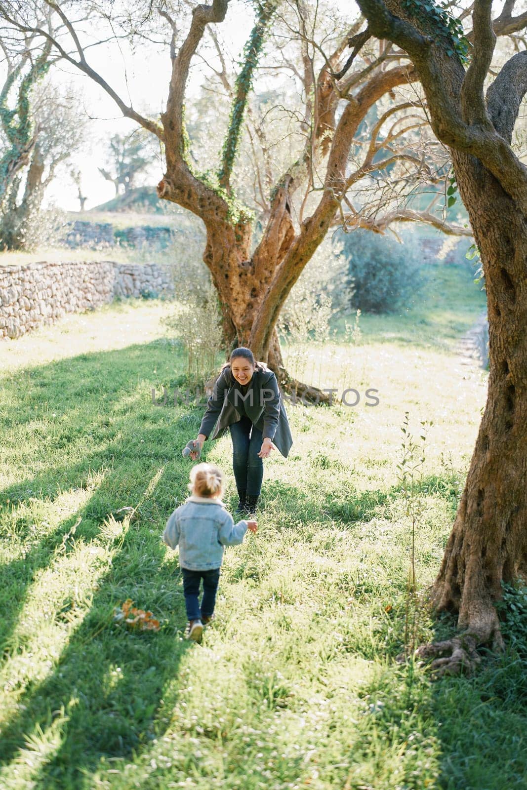 Little girl runs through the park to her mother who has opened her arms. Back view. High quality photo