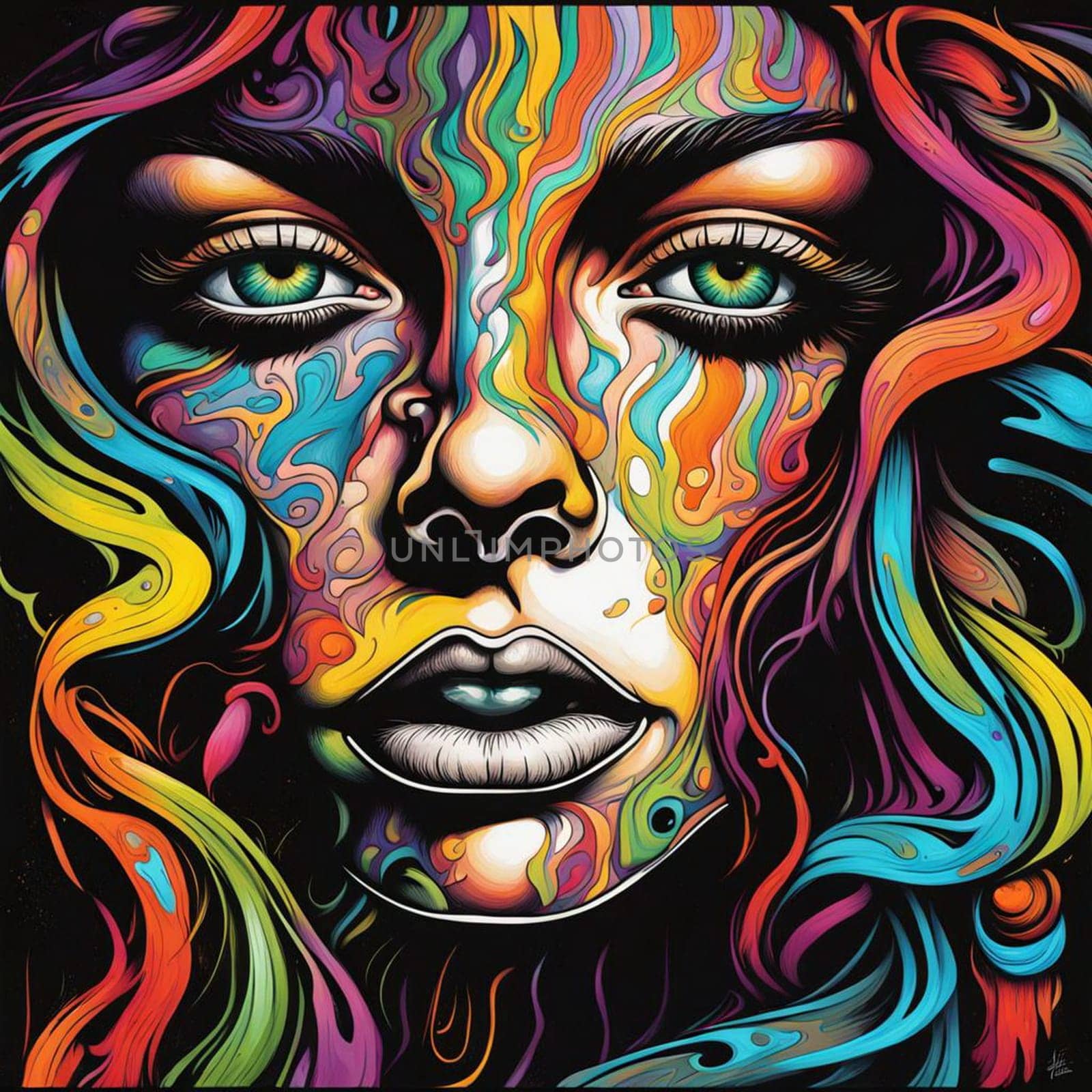 Abstract portrait of a young woman with multi-colored long curly hair, colorful paint on the face. AI generated.