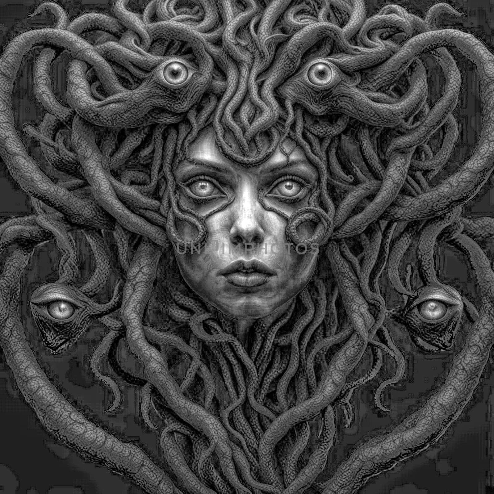 AI generated portrait of a Medusa like woman face in monochrome against a black background.