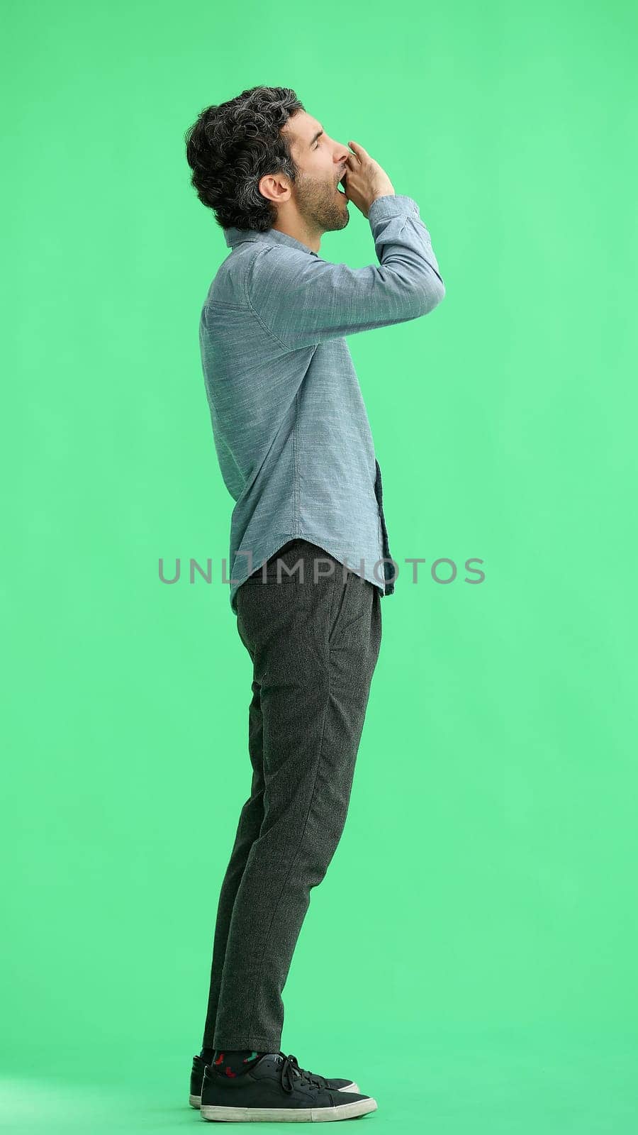 man in full growth. isolated on green background sleepy stretches.