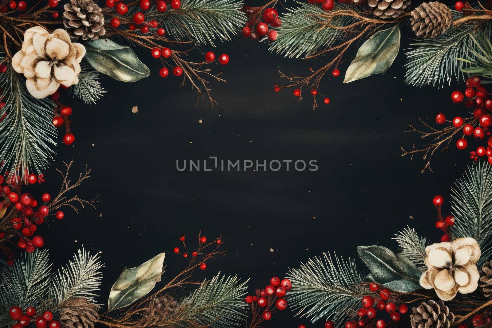 Frame for Christmas party invitations, rectangle, retro winter theme, Christmas leaves, felt blanket, fairy lights, cozy atmosphere, Christmas tree and incandescent Christmas lights by Generative AI by wichayada