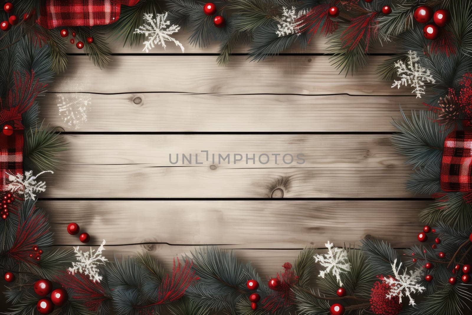 Frame for Christmas party invitations, rectangle, retro winter theme, Christmas leaves, felt blanket, fairy lights, cozy atmosphere, Christmas tree and incandescent Christmas lights by Generative AI.