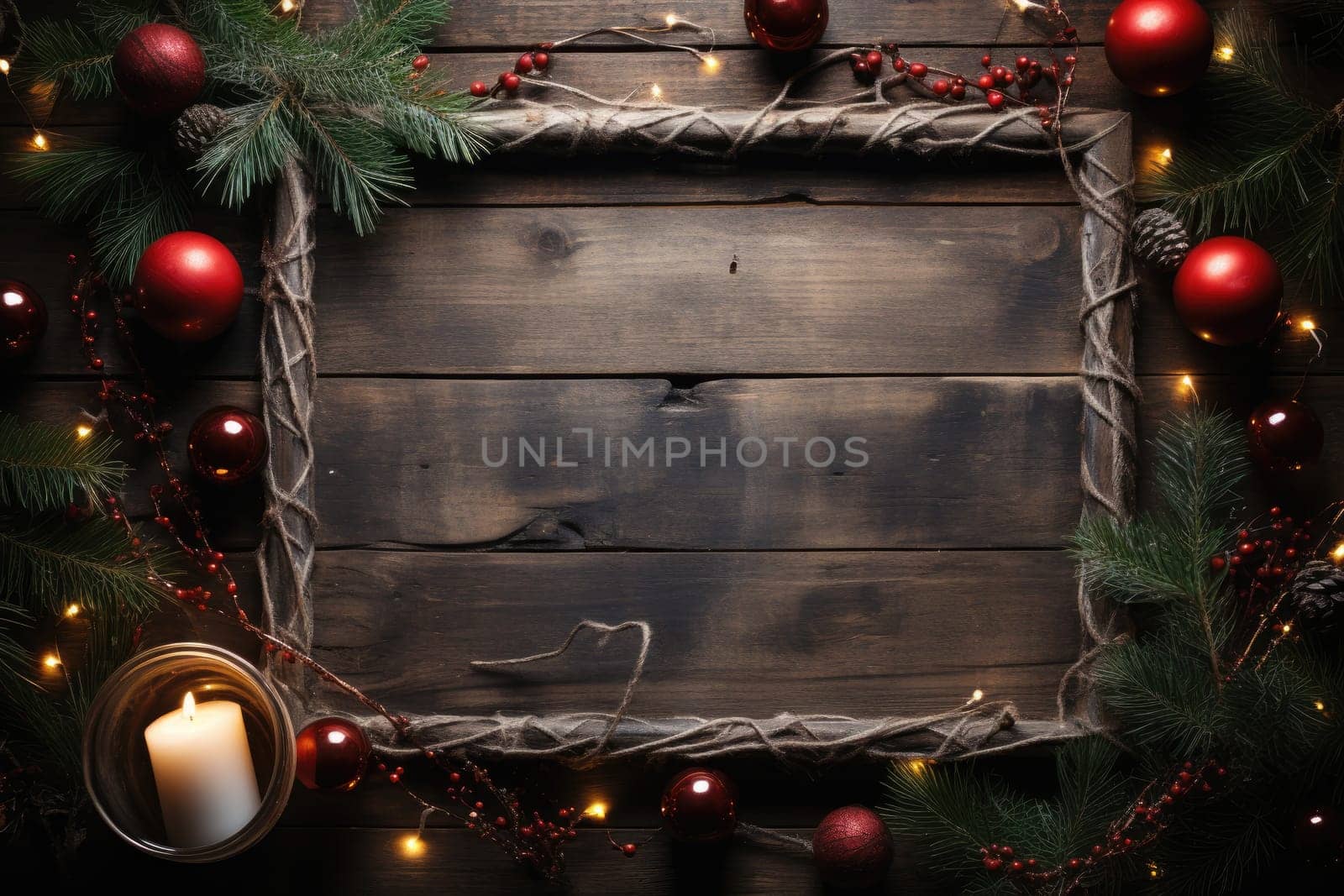 Frame for Christmas party invitations, rectangle, retro winter theme, Christmas leaves, felt blanket, fairy lights, cozy atmosphere, Christmas tree and incandescent Christmas lights by Generative AI.