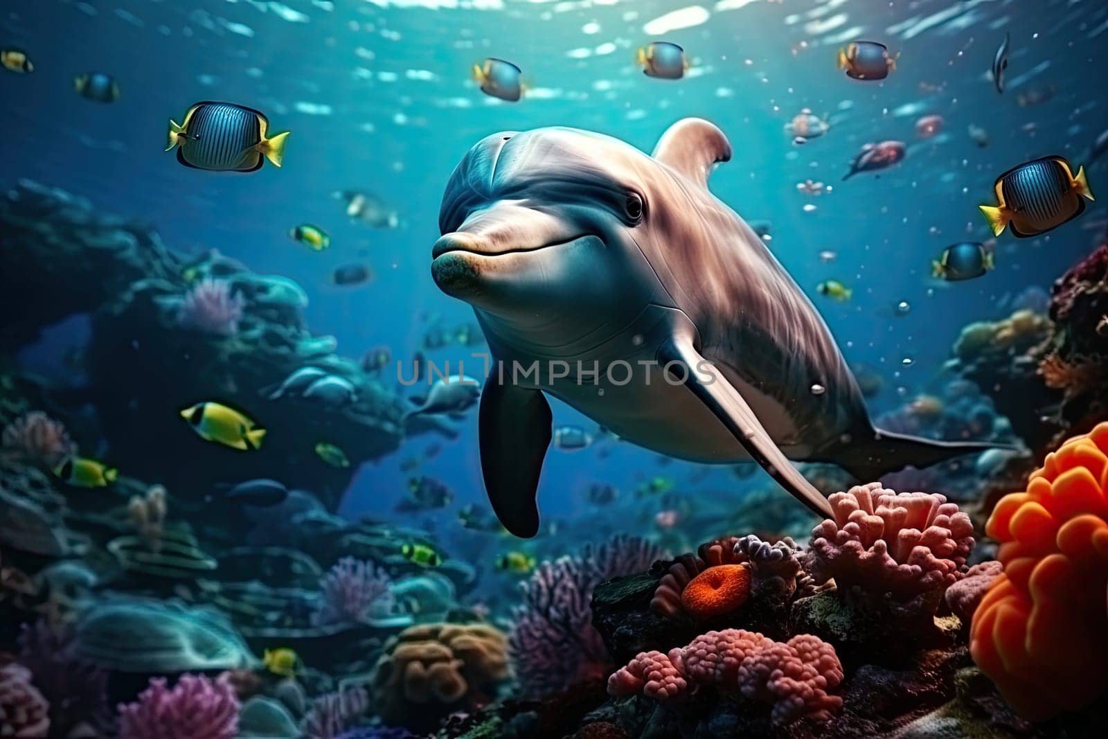 Marine animals and the environment beneath coral reefs Electronic collage as wallpaper.by Generative AI..