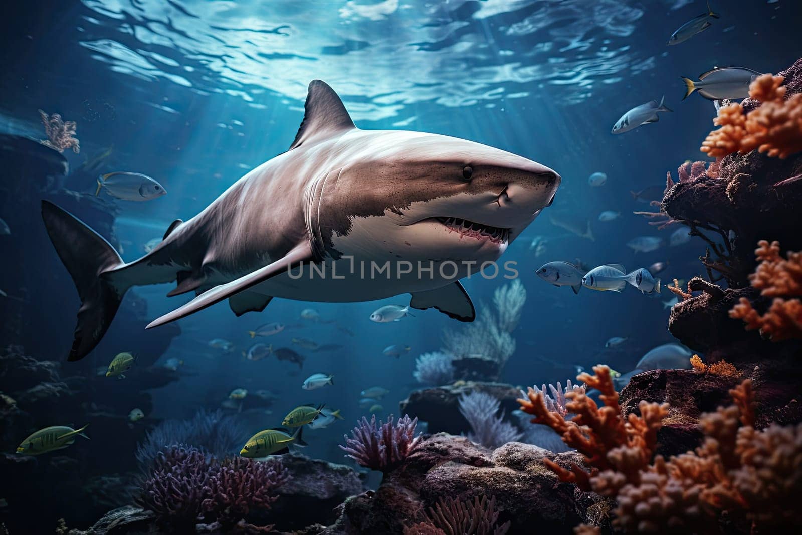 Marine animals and the environment beneath coral reefs Electronic collage as wallpaper.by Generative AI. by wichayada