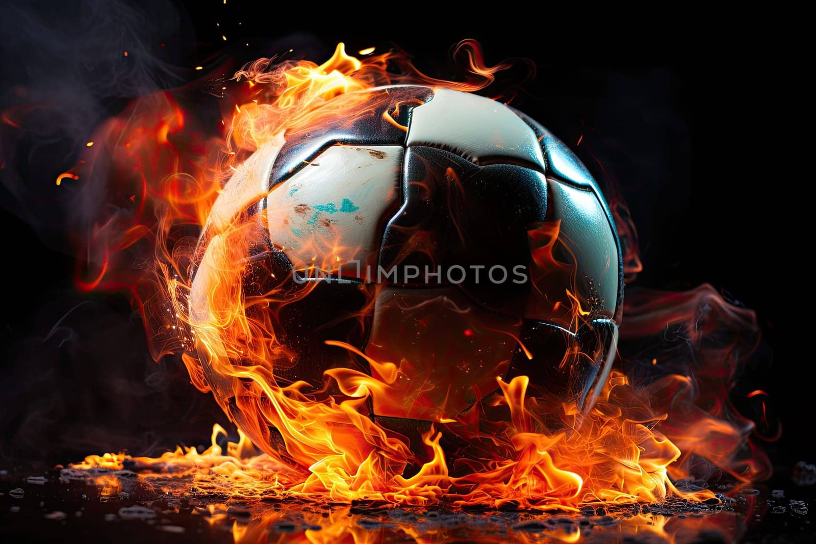 Soccer ball in action, The ball travels with lightning speed and glowing orange flame effects. Fire soccer ball effect with fire.by generated AI by wichayada