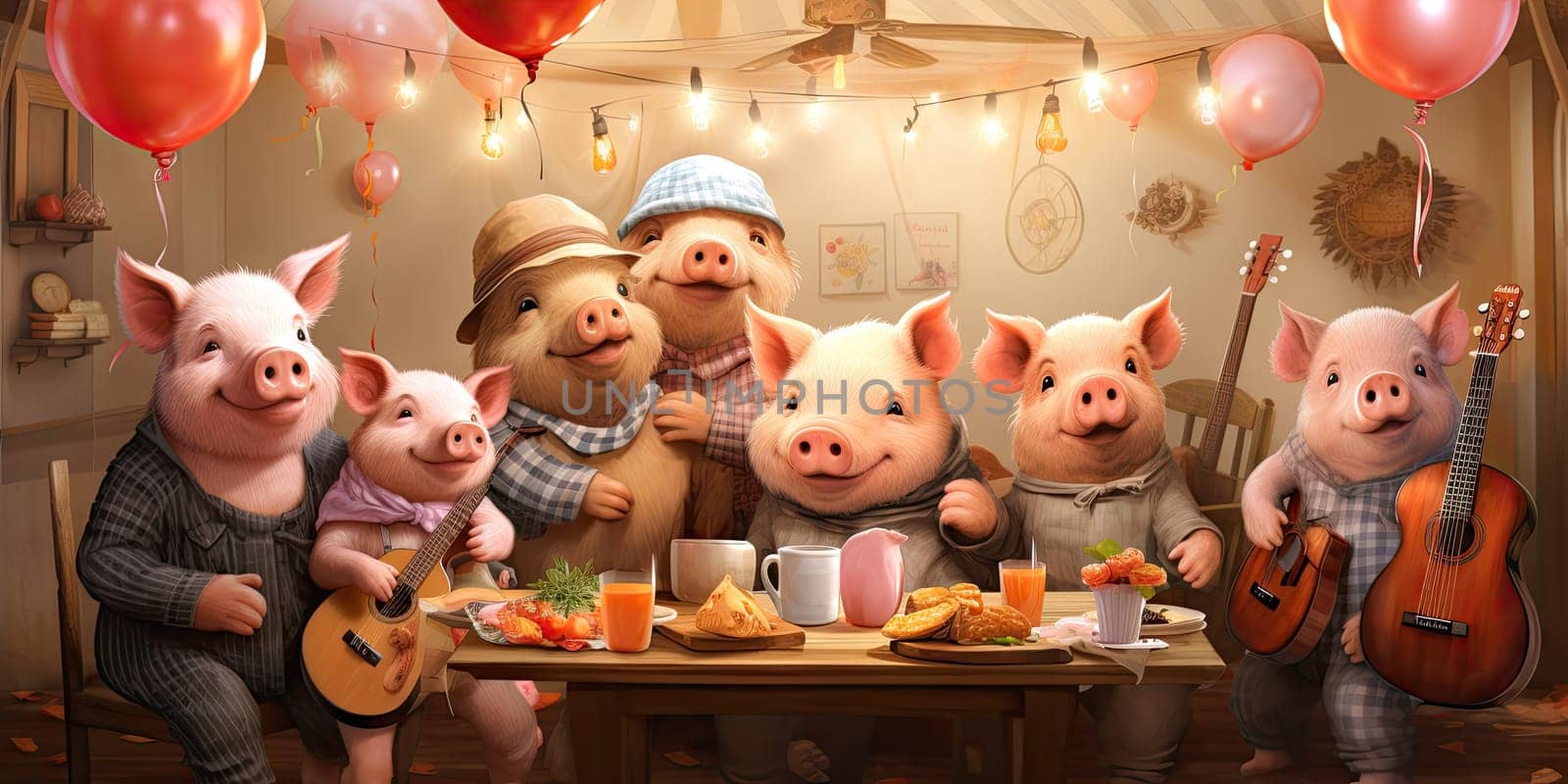 A party in the little pig in living room.by Generative AI. by wichayada