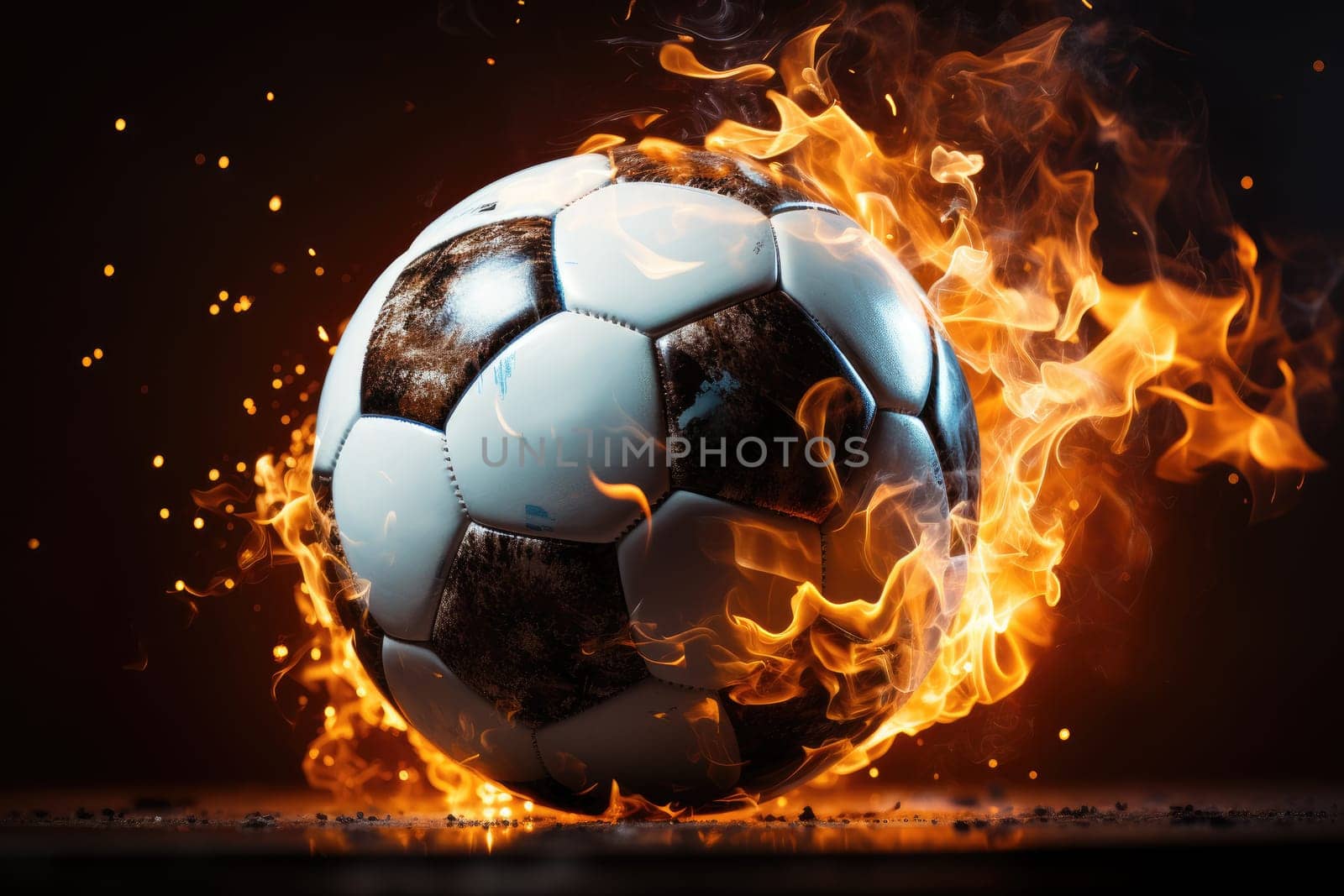 Soccer ball in action, The ball travels with lightning speed and glowing orange flame effects. Fire soccer ball effect with fire.by generated AI by wichayada