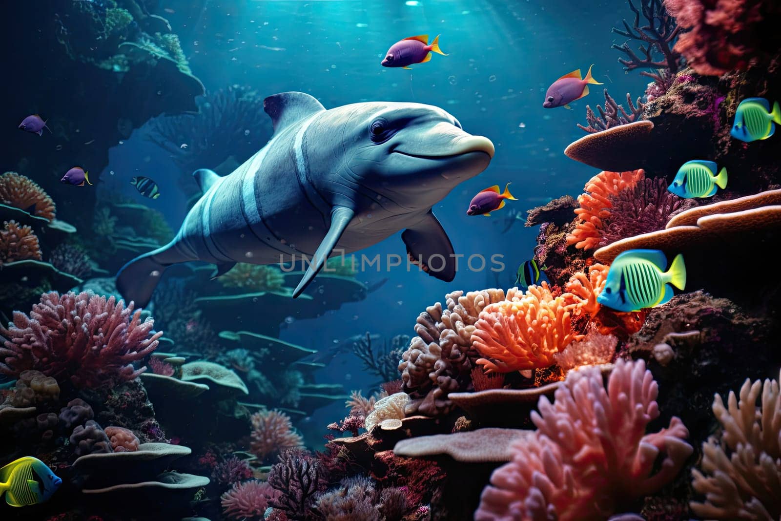 Marine animals and the environment beneath coral reefs Electronic collage as wallpaper.by Generative AI..