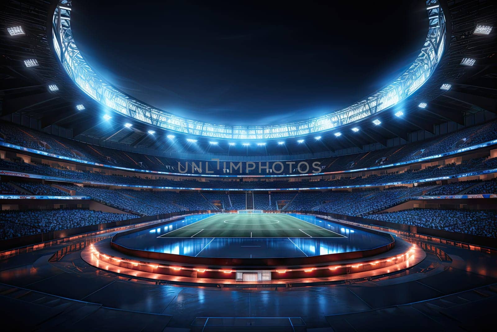 A brightly lit football stadium with futuristic neon lights.by Generative AI by wichayada