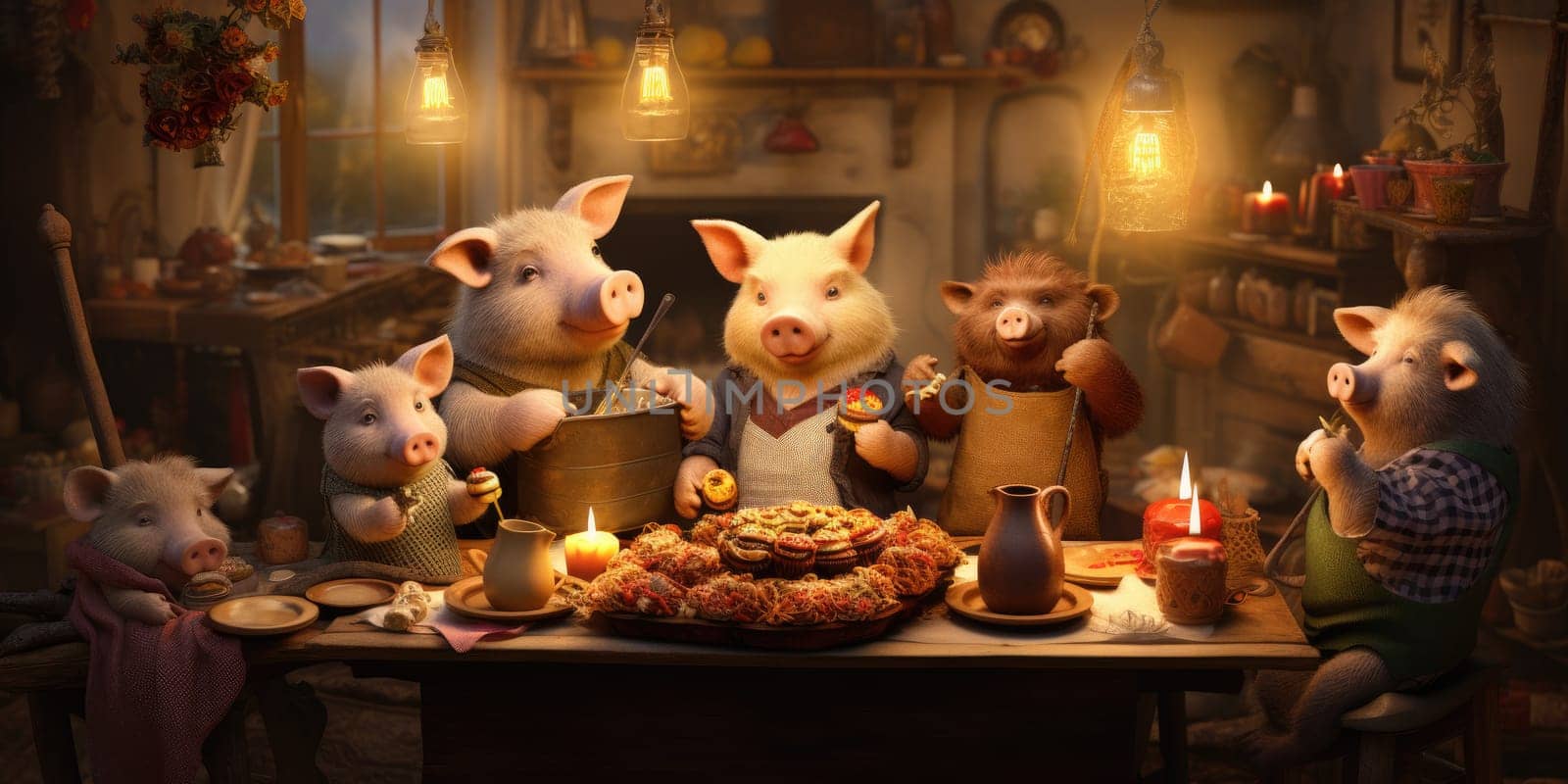 A party in the little pig in living room.by Generative AI. by wichayada