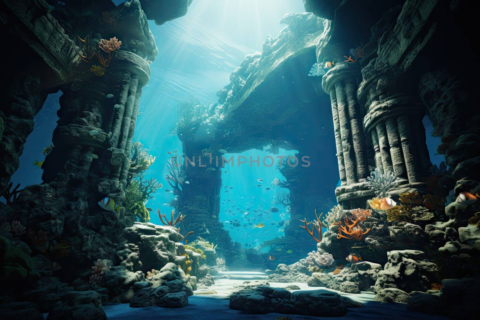 An image capturing an aquatic environment of stone pillars, vibrant fish, lively coral reef, and a vast expanse of deep blue sea.by Generative AI by wichayada