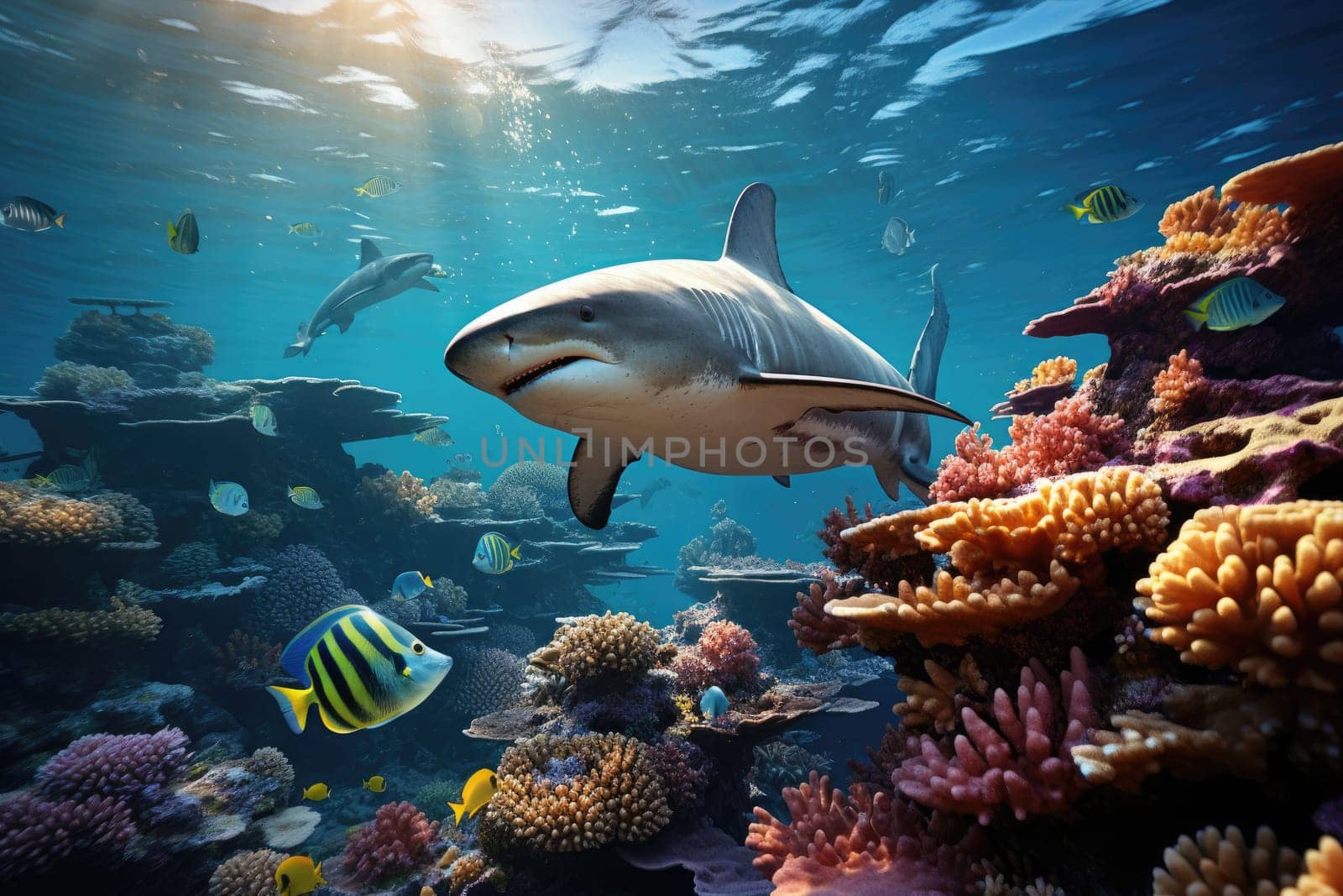 Marine animals and the environment beneath coral reefs Electronic collage as wallpaper.by Generative AI..