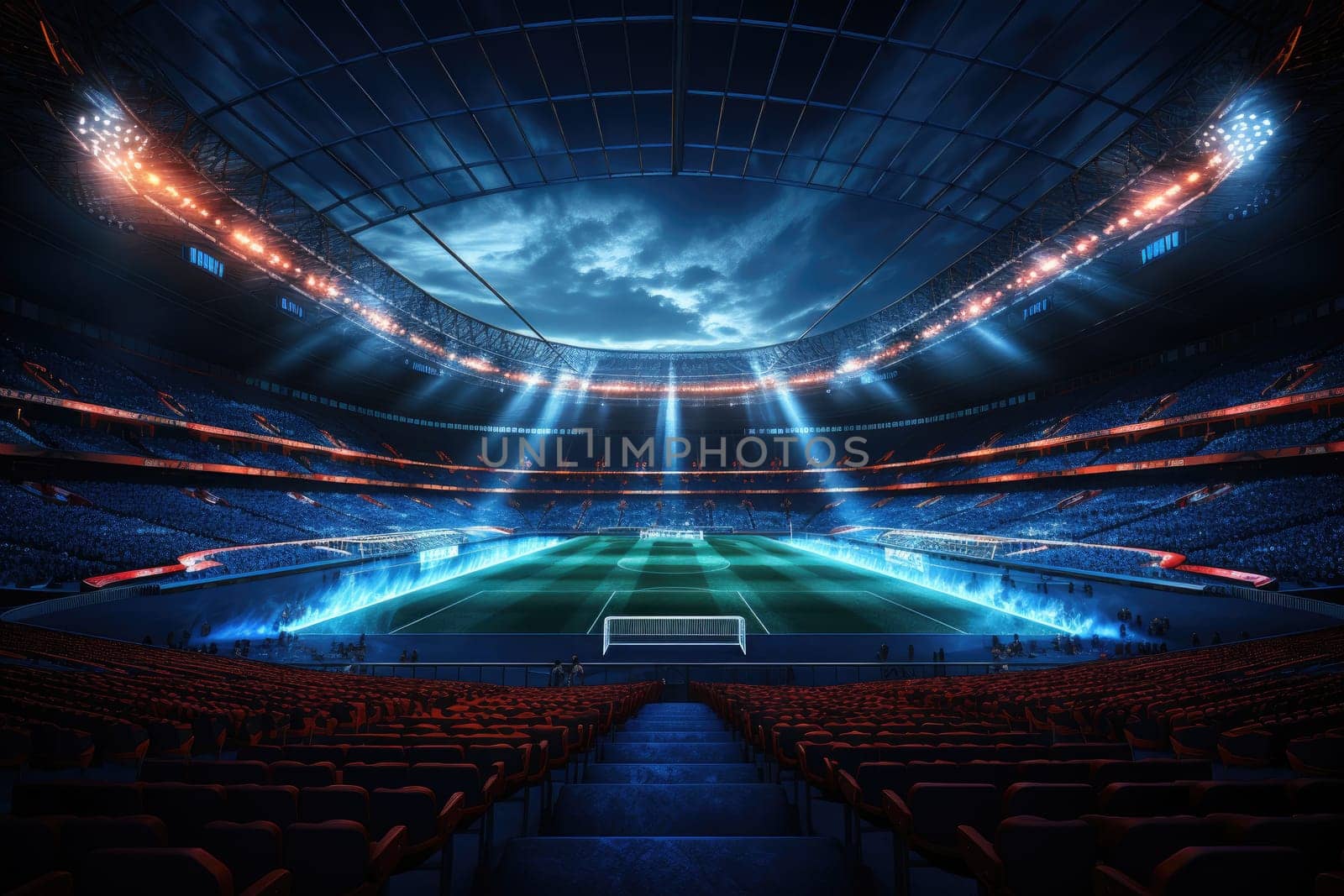 A brightly lit football stadium with futuristic neon lights.by Generative AI by wichayada