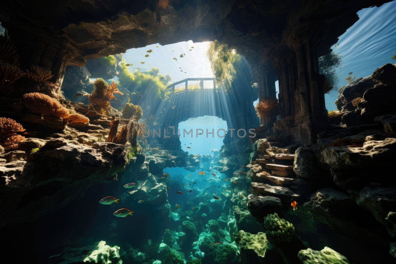 An image capturing an aquatic environment of stone pillars, vibrant fish, lively coral reef, and a vast expanse of deep blue sea.by Generative AI by wichayada