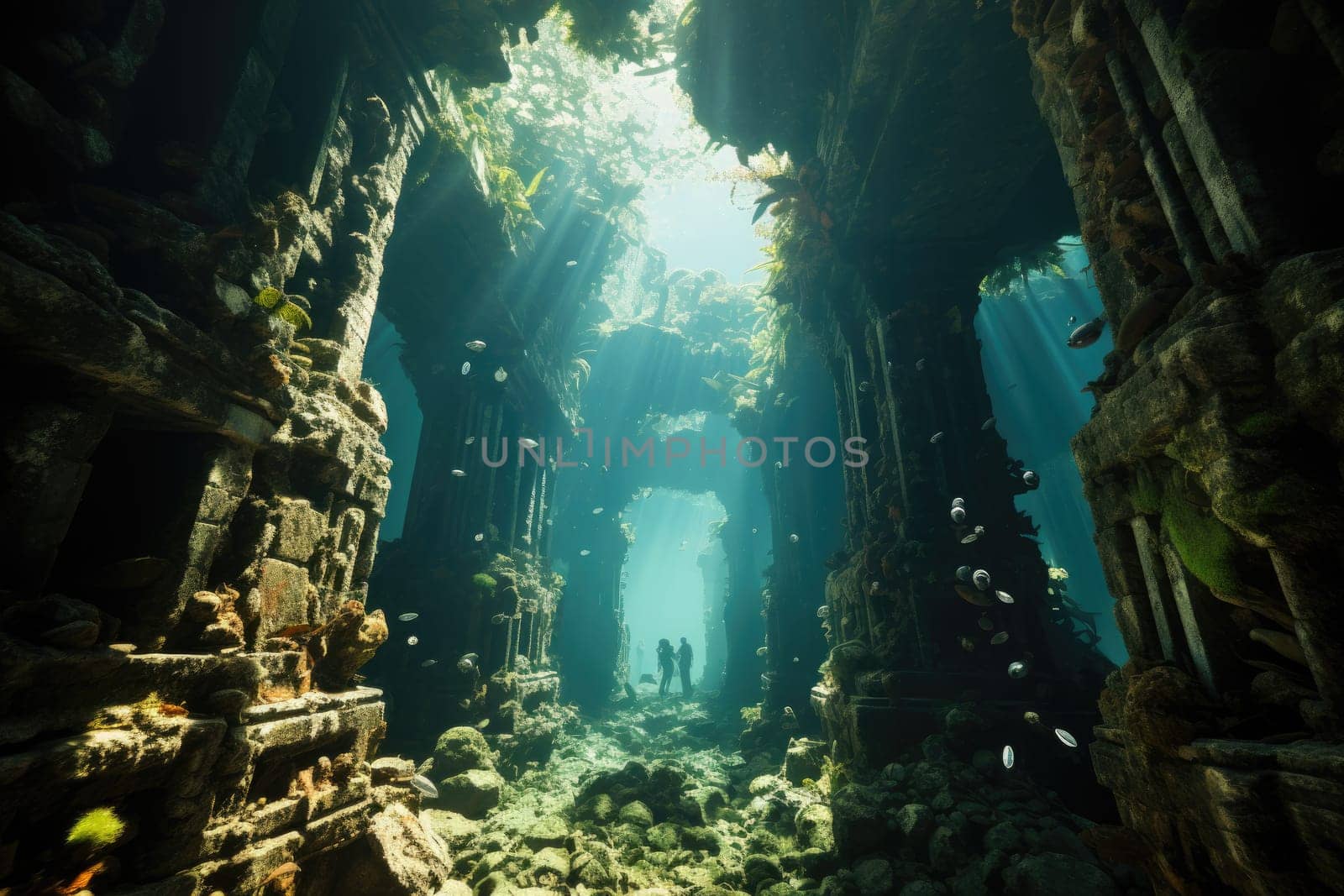 An image capturing an aquatic environment of stone pillars, vibrant fish, lively coral reef, and a vast expanse of deep blue sea.by Generative AI by wichayada