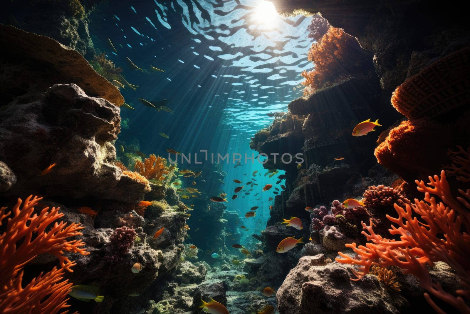 An image capturing an aquatic environment of stone pillars, vibrant fish, lively coral reef, and a vast expanse of deep blue sea.by Generative AI by wichayada