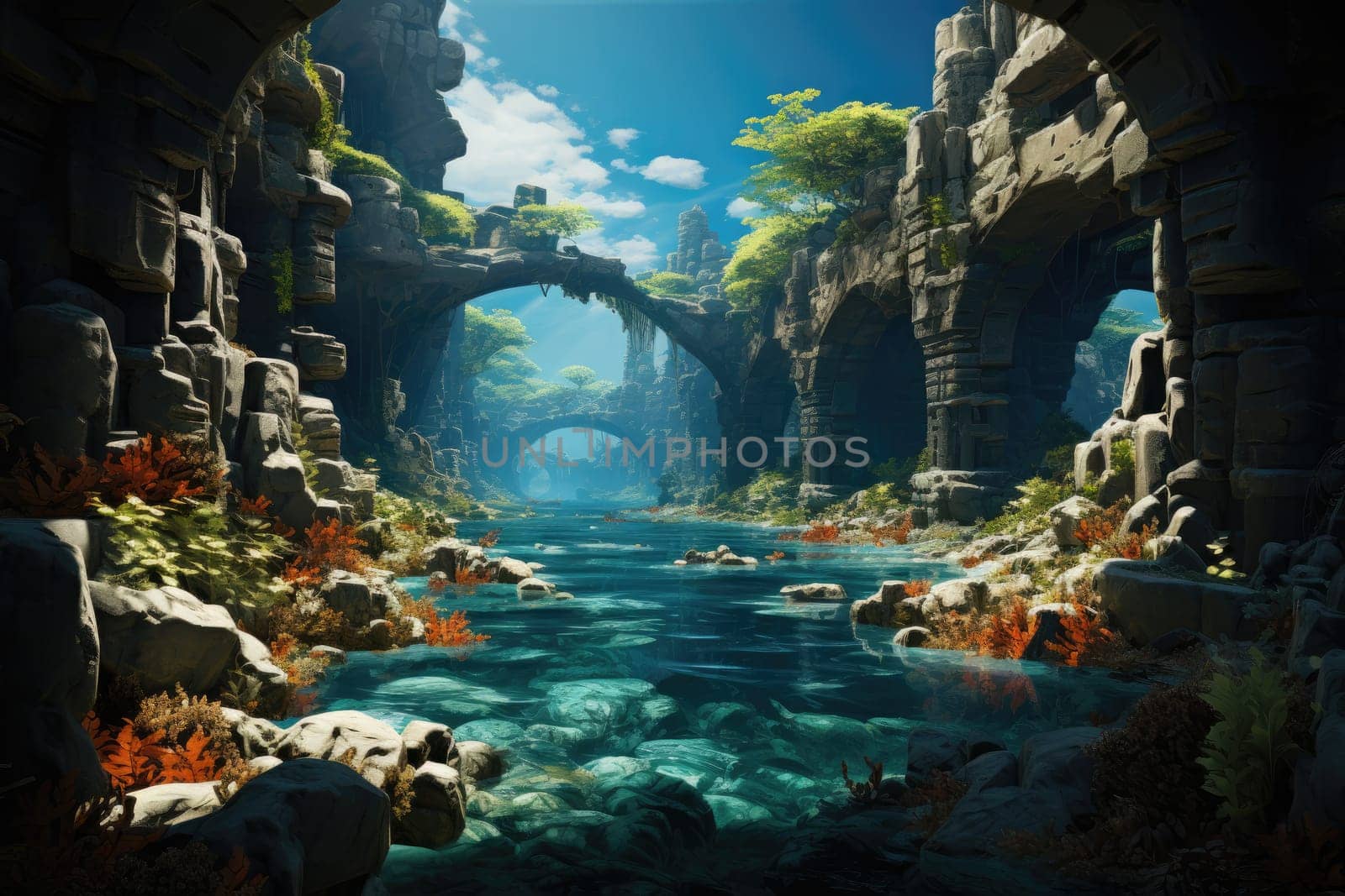 An image capturing an aquatic environment of stone pillars, vibrant fish, lively coral reef, and a vast expanse of deep blue sea.by Generative AI by wichayada