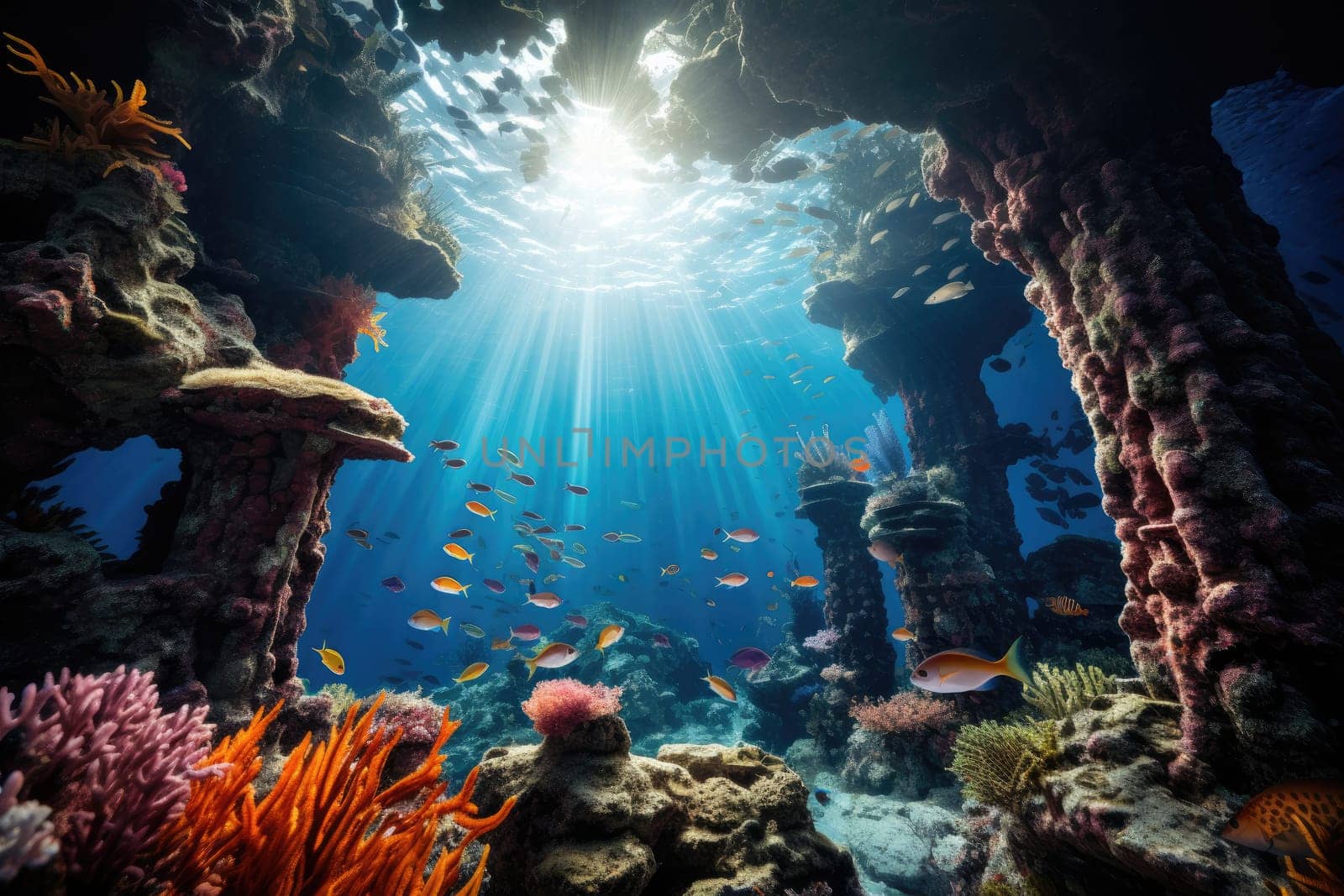 An image capturing an aquatic environment of stone pillars, vibrant fish, lively coral reef, and a vast expanse of deep blue sea.by Generative AI by wichayada