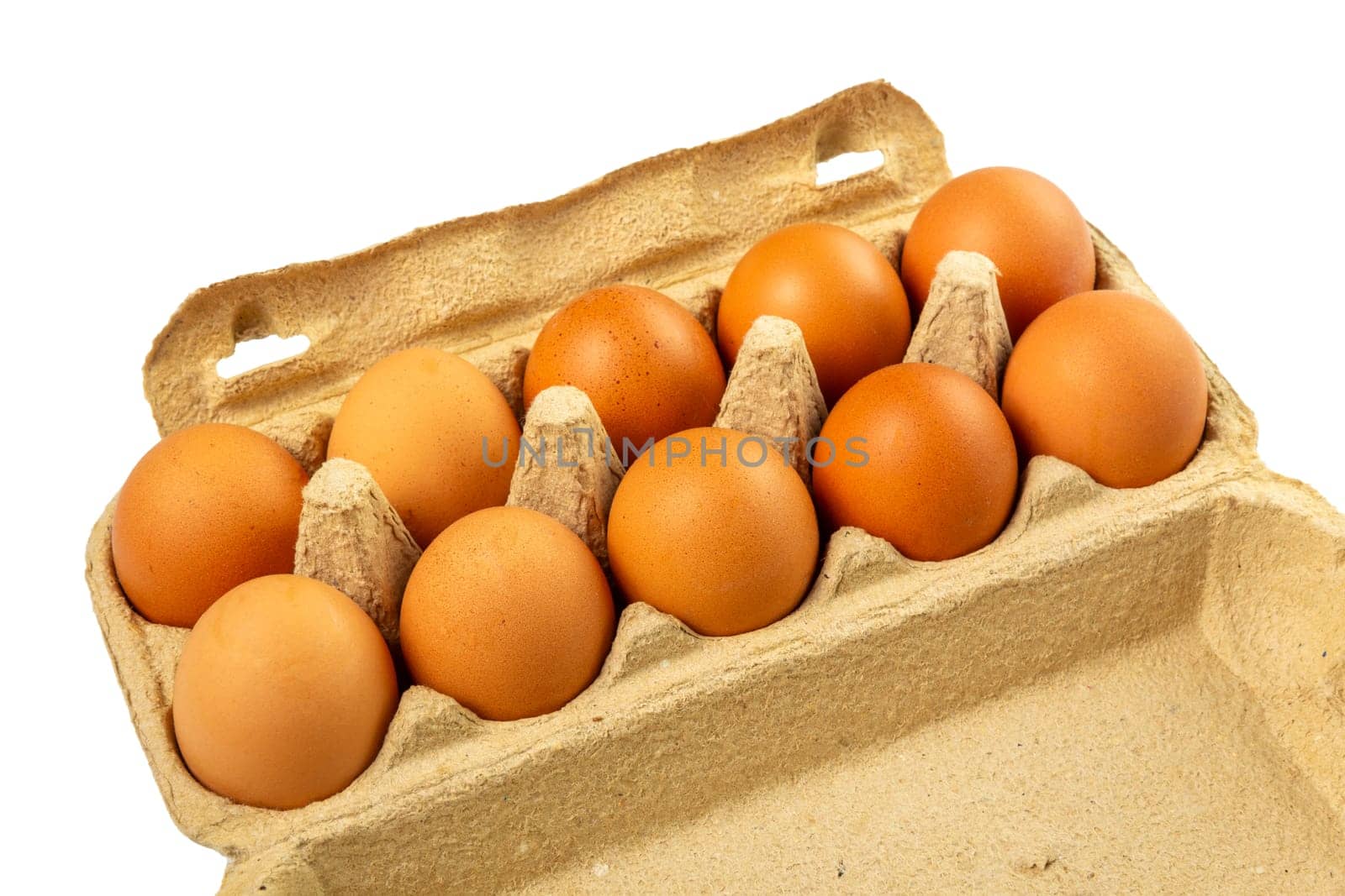 Ten eggs in packaging paper mould box isolated on white background.