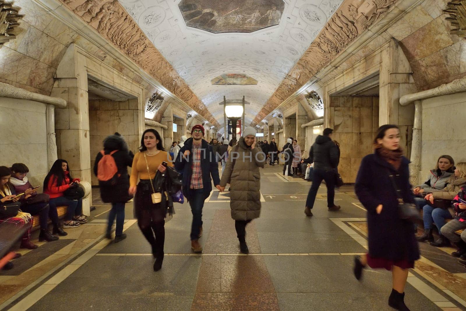 Moscow, Russia - FEB 20. 2020. Many passengers at the Novokuznetskaya metro station