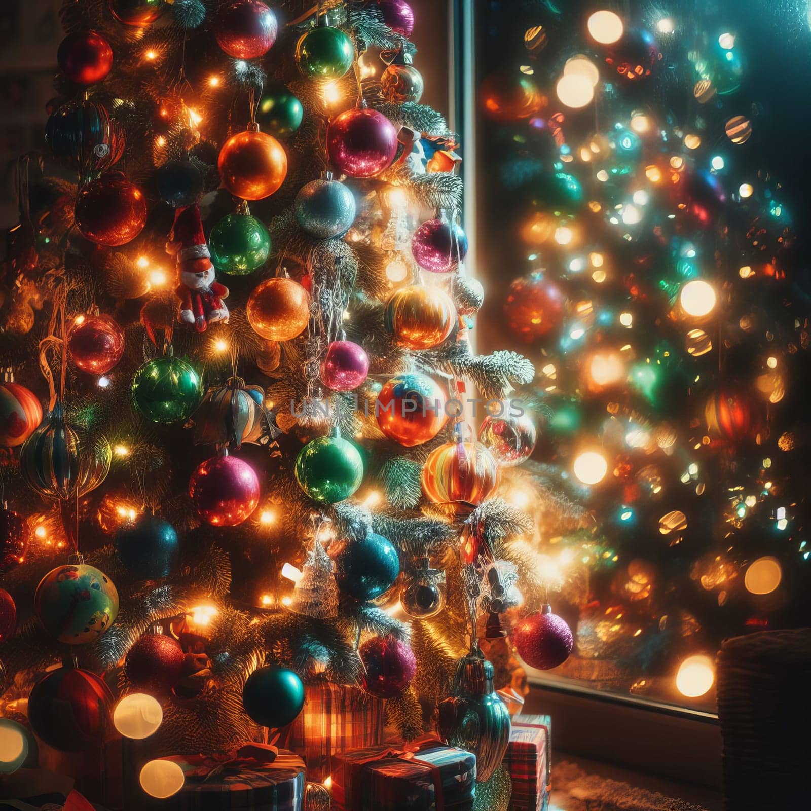 Interior Christmas. magic glowing tree, gifts in dark at night. High quality photo.