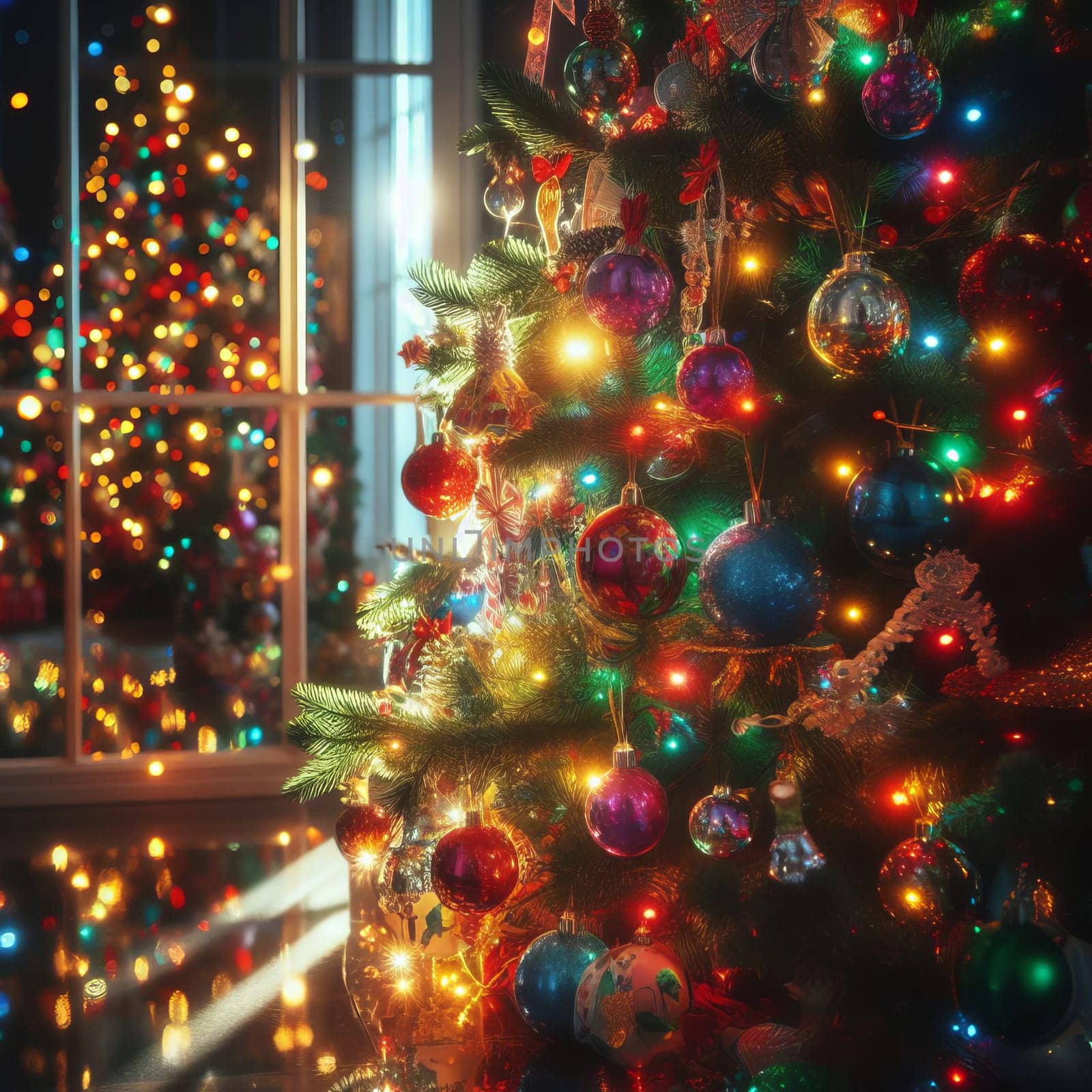 Interior Christmas. magic glowing tree, gifts in dark at night. High quality photo.