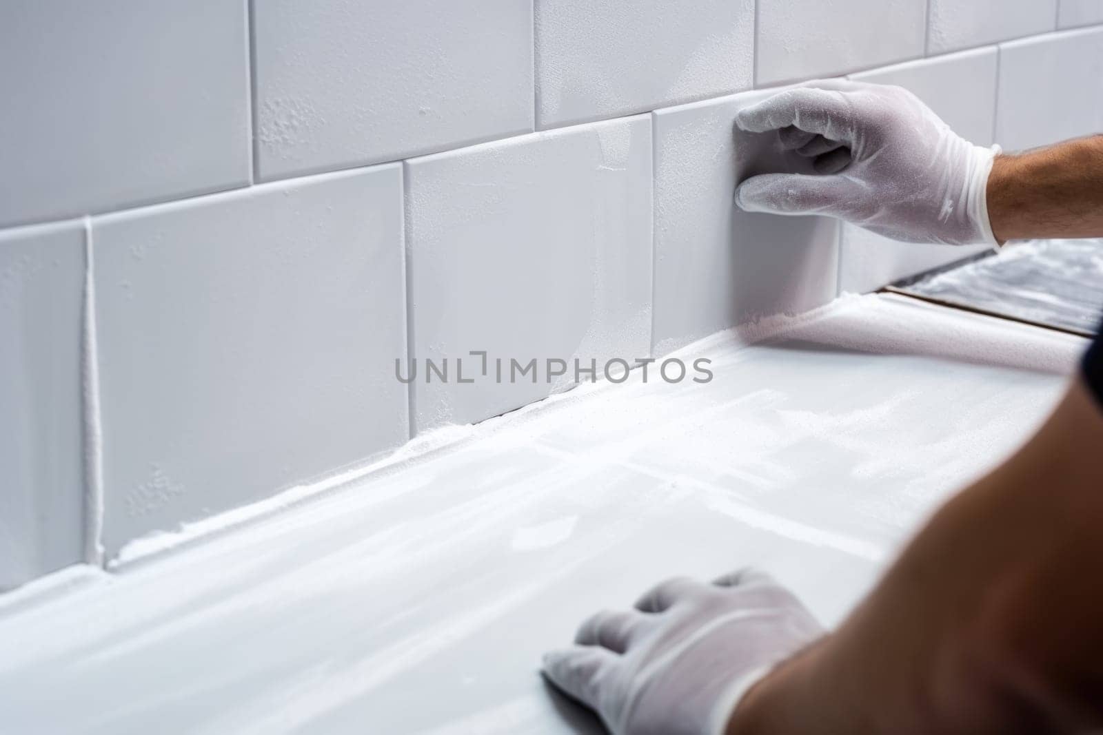 Professional tiler installing wall tile at home. hands of the tiler are laying white ceramic tile on the wall. ai generated