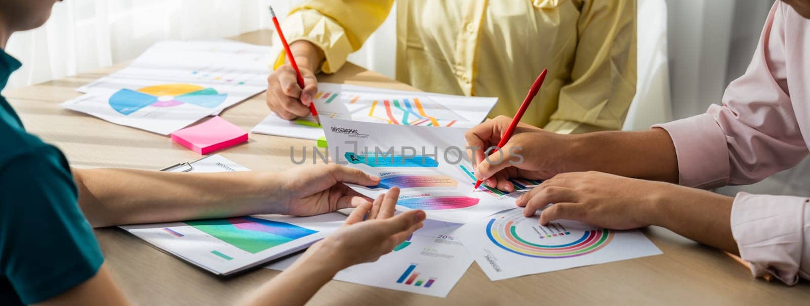 Startup company employee working together, analyzing BI dashboard paper on financial data report and planning strategic marketing for business success in panorama banner. Synergic