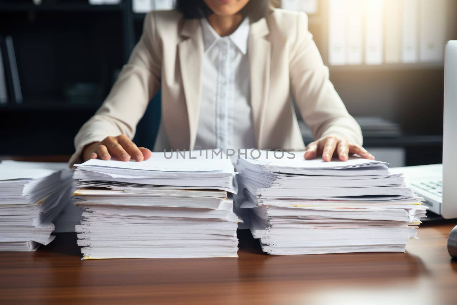 Employee woman hands working in Stacks paper files. ai generated by Desperada