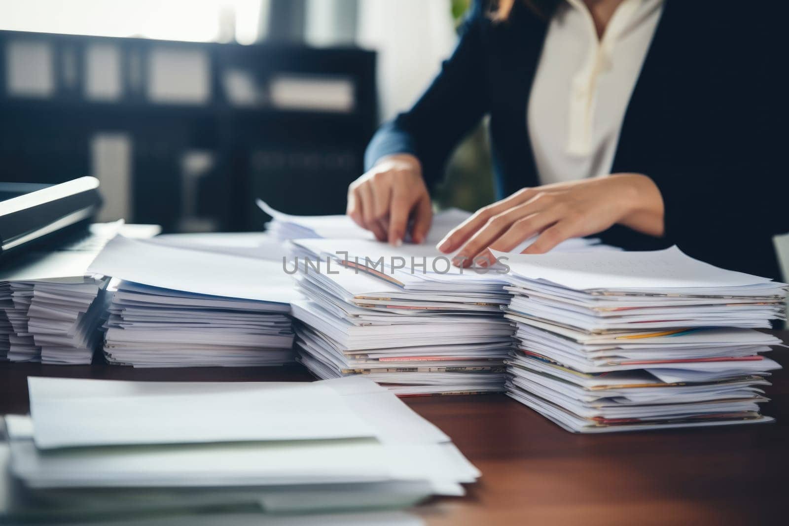 Business Documents concept : Employee woman hands working in Stacks paper files. ai generated