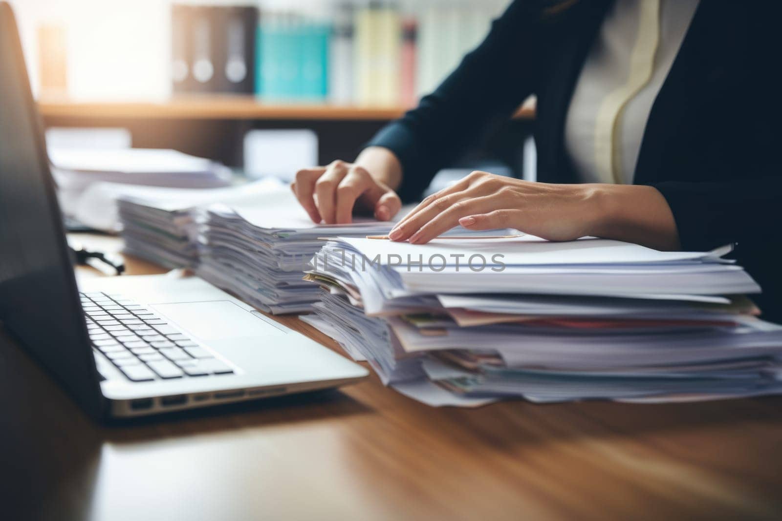 Business Documents concept : Employee woman hands working in Stacks paper files. ai generated