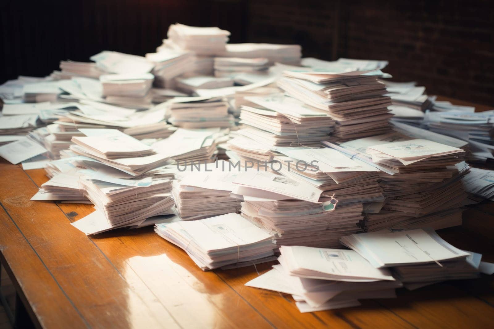 bundles bales of paper documents. stacks packs pile on the desk in the office. ai generated