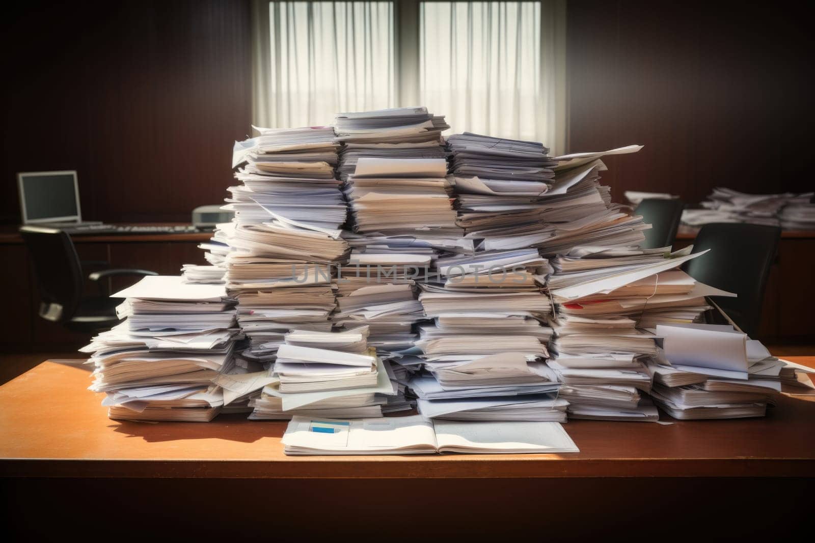 bundles bales of paper documents. stacks packs pile on the desk in the office. ai generated