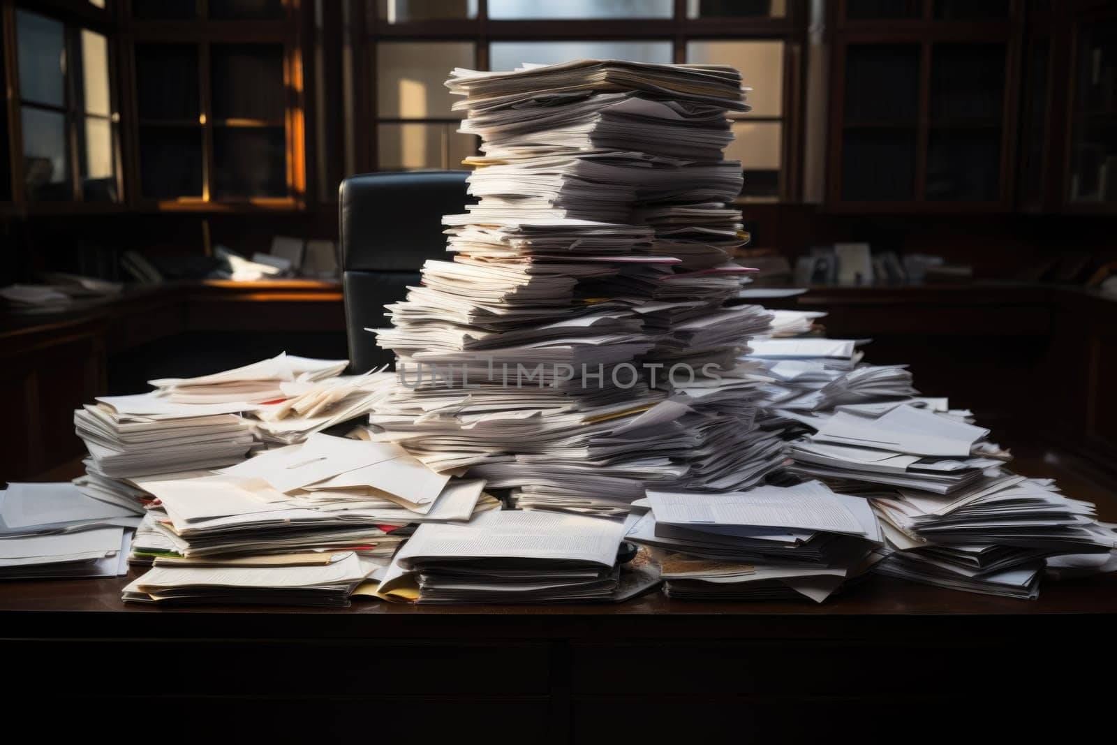 bundles bales of paper documents. stacks packs pile on the desk in the office. ai generated