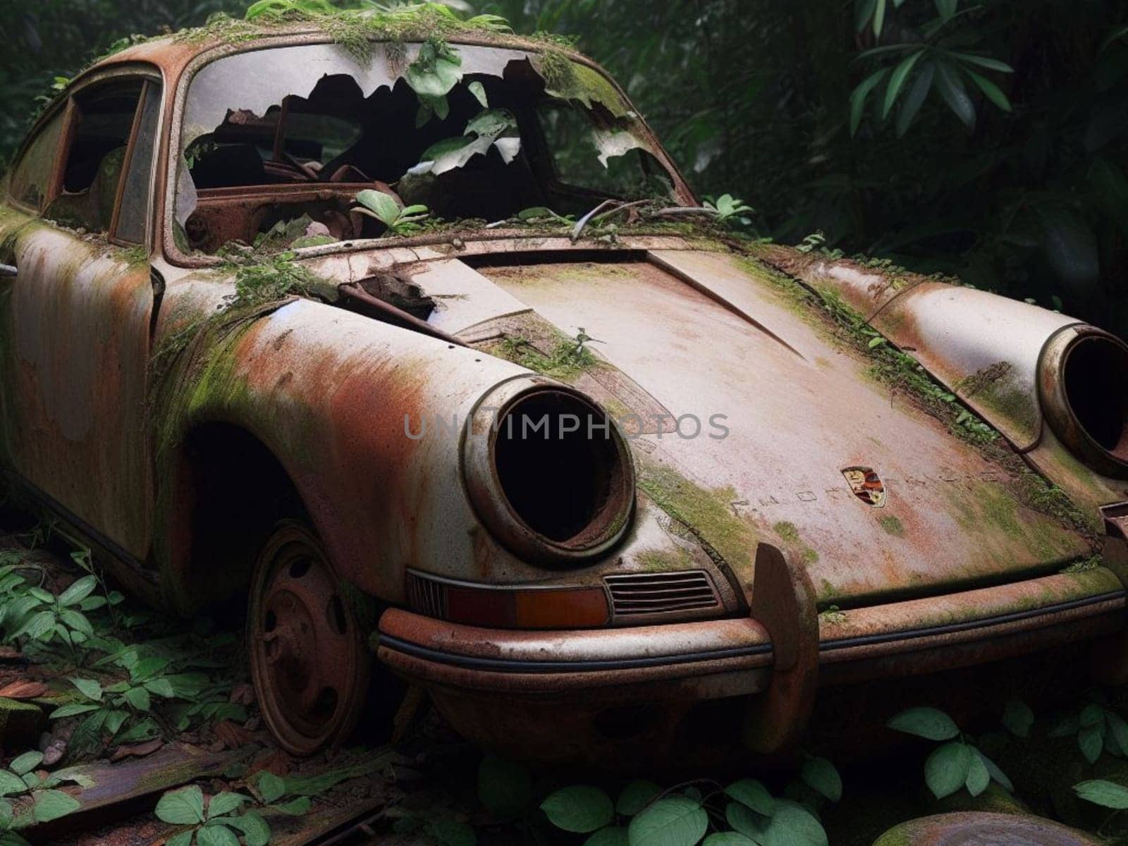 Abandoned rusty expensive atmospheric super car as circulation banned for co2 emission 2030 agenda , severe damage, broken parts, plants overgrowth bloom flowers. ai generated