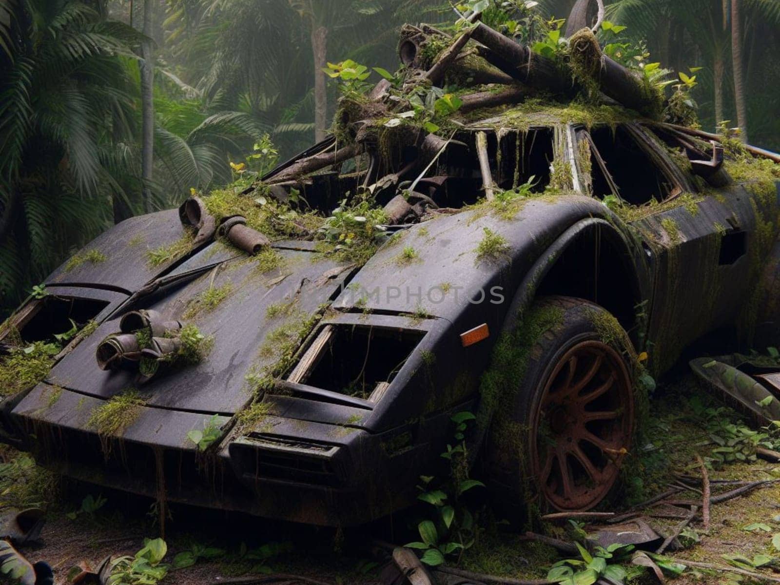 Abandoned rusty expensive atmospheric super car as circulation banned for co2 emission 2030 agenda , severe damage, broken parts, plants overgrowth bloom flowers. ai generated