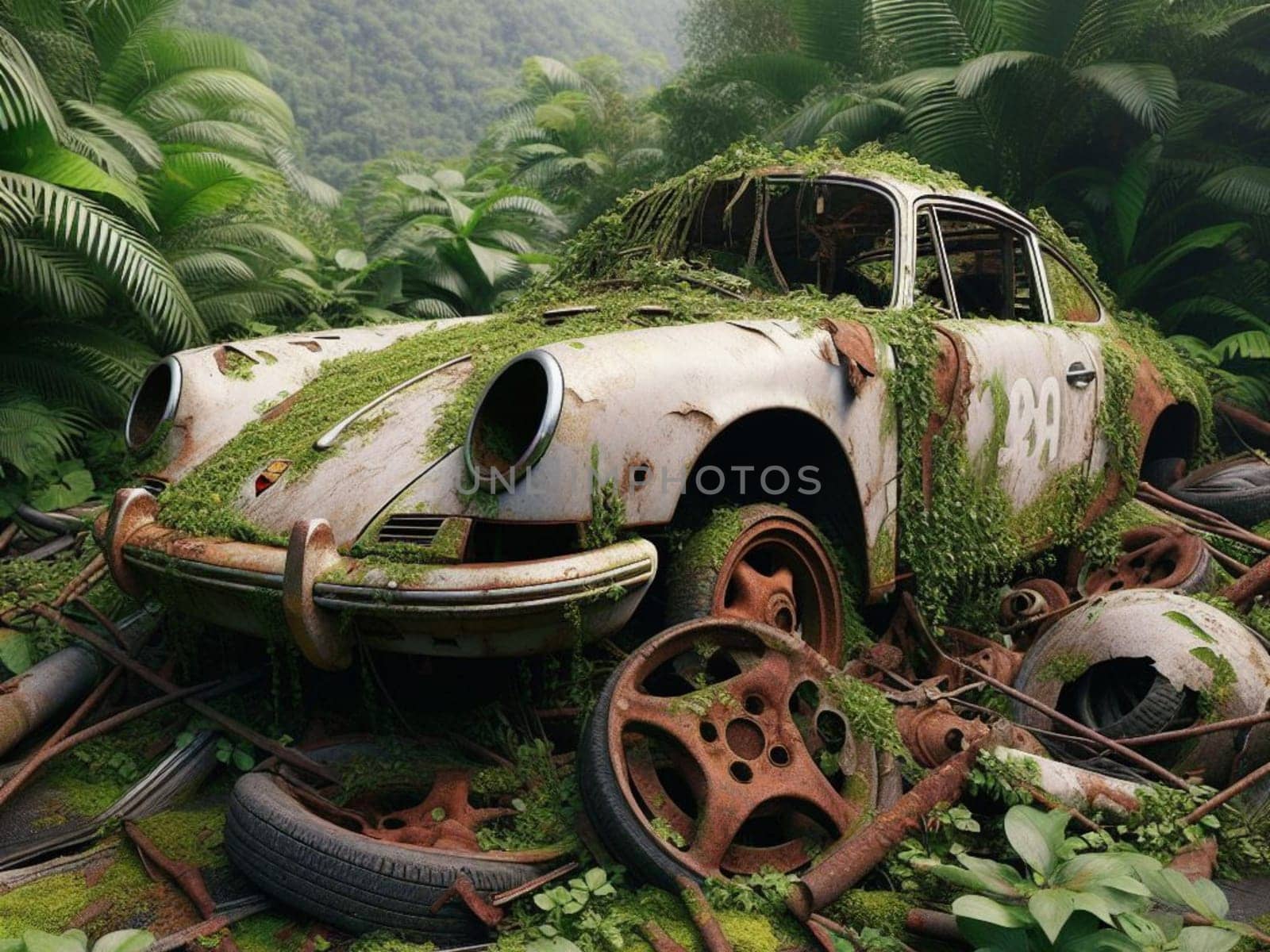 Abandoned rusty expensive atmospheric super car as circulation banned for co2 emission 2030 agenda , severe damage, broken parts, plants overgrowth bloom flowers. ai generated