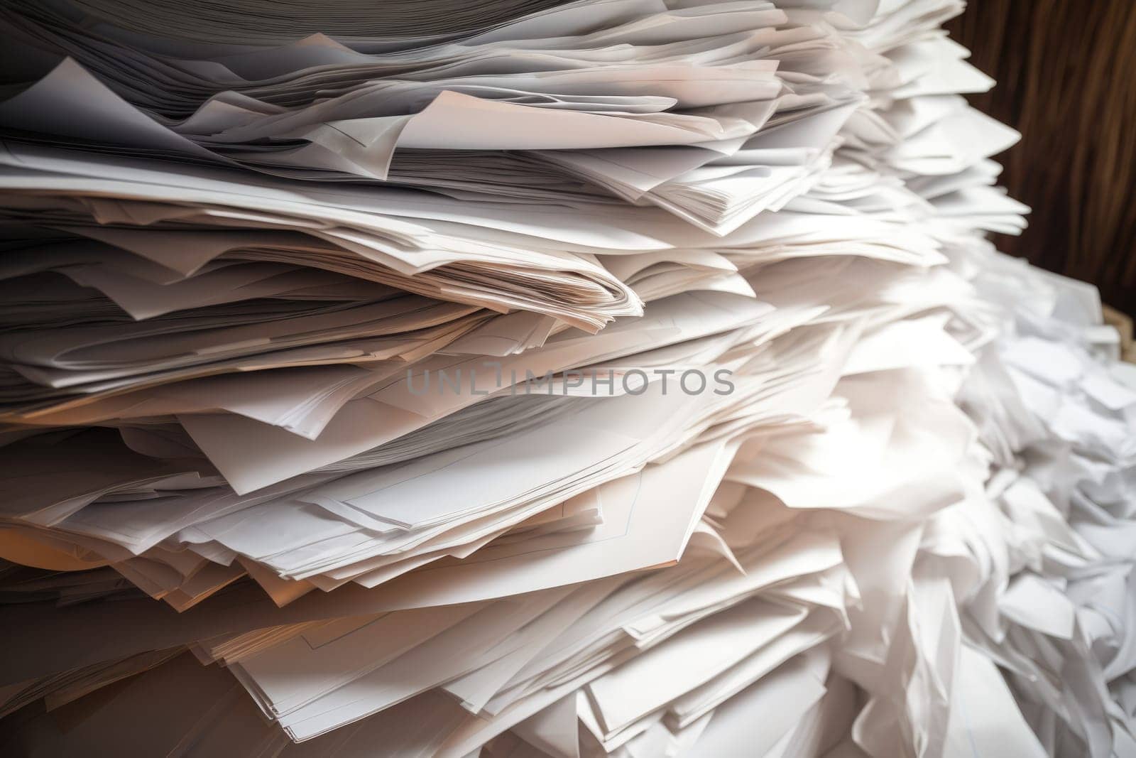 bundles bales of paper documents. stacks packs pile on the desk in the office. ai generated