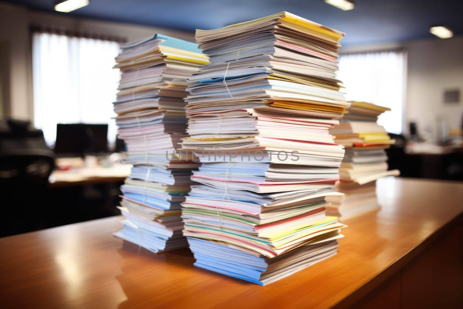 bundles bales of paper documents. stacks packs pile on the desk in the office. ai generated