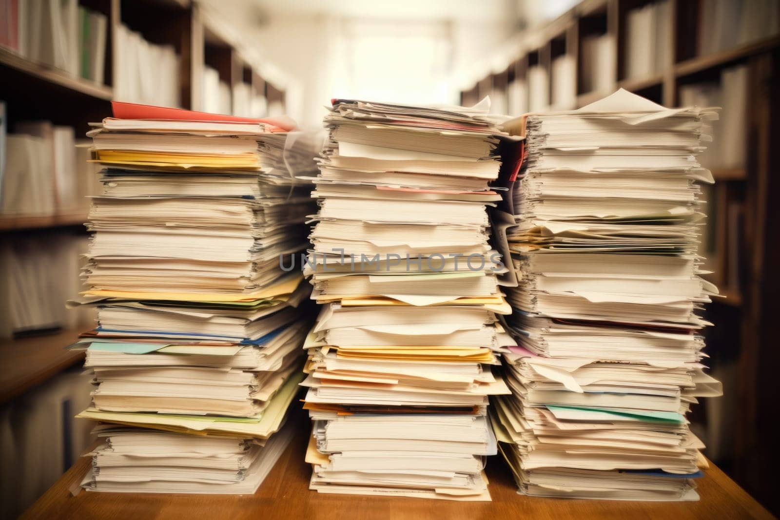 bundles bales of paper documents. stacks packs pile on the desk in the office. ai generated