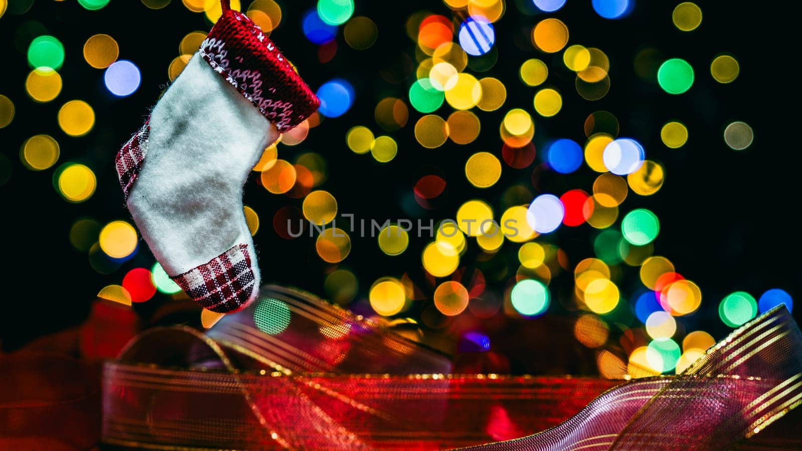 Christmas decorations. Colorful Christmas lights background by vladispas