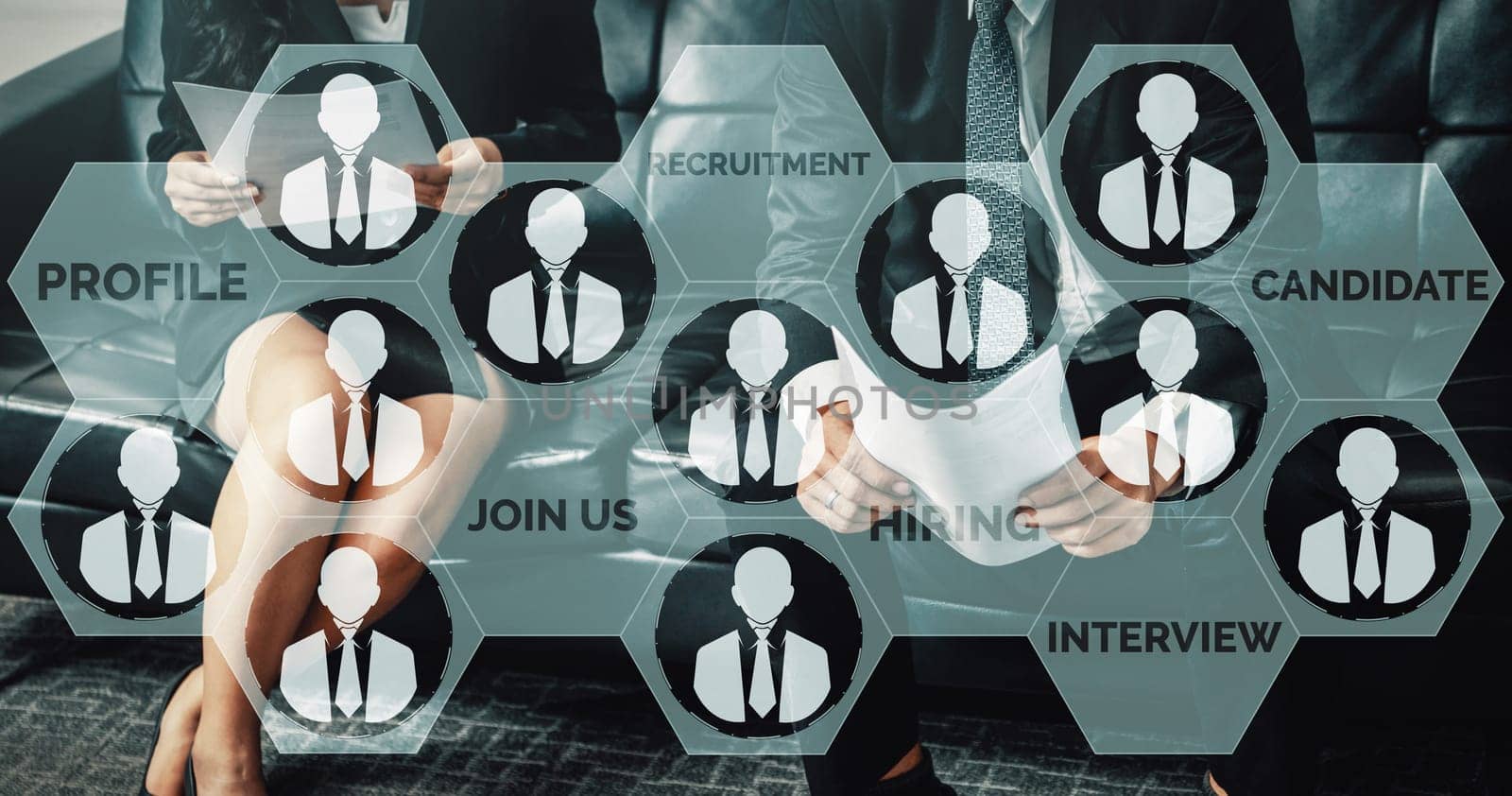 Human Resources Recruitment and People Networking Concept. Modern graphic interface showing professional employee hiring and headhunter seeking interview candidate for future manpower.