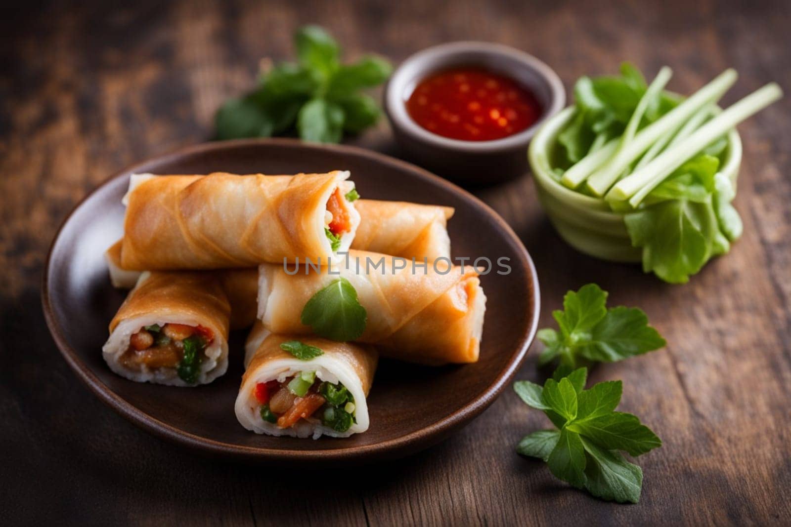 delicious ready to eat asian spring rolls in a dish over a dark wooden table, editorial style by verbano