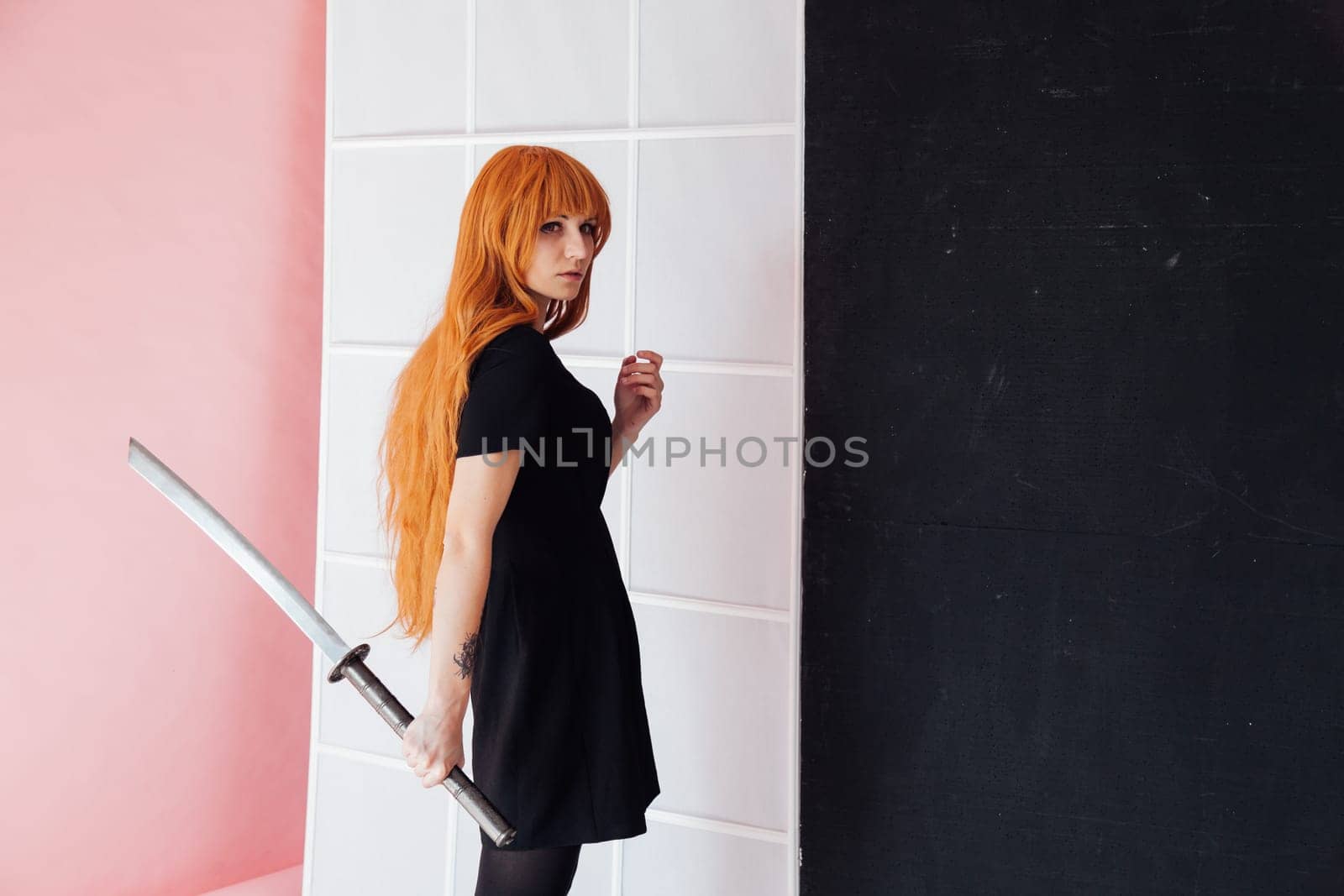 fashionable woman with red hair anime japan sword by Simakov