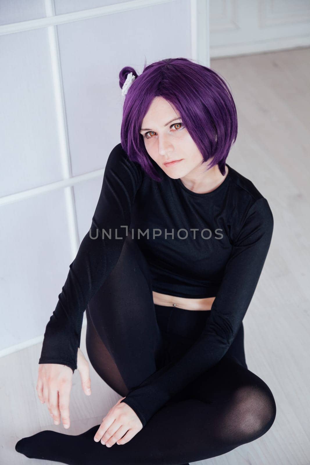 fashionable woman with purple hair anime Japan cospley