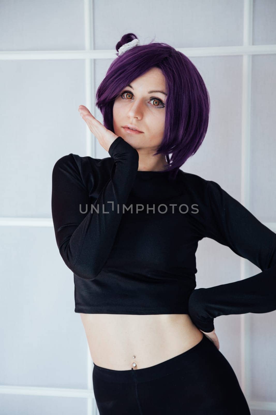 fashionable woman with purple hair anime Japan cospley