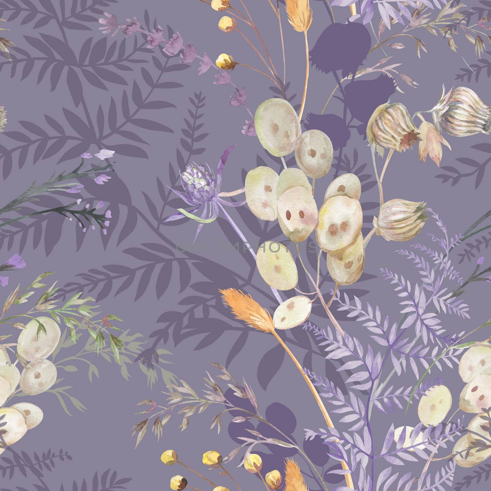 Seamless watercolor pattern with herbs and wildflowers