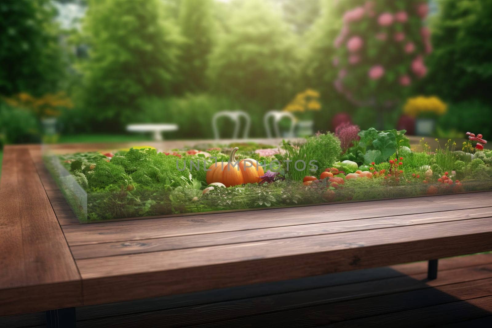 Assorted organic herbs and vegetables lie on a wooden table in the garden .